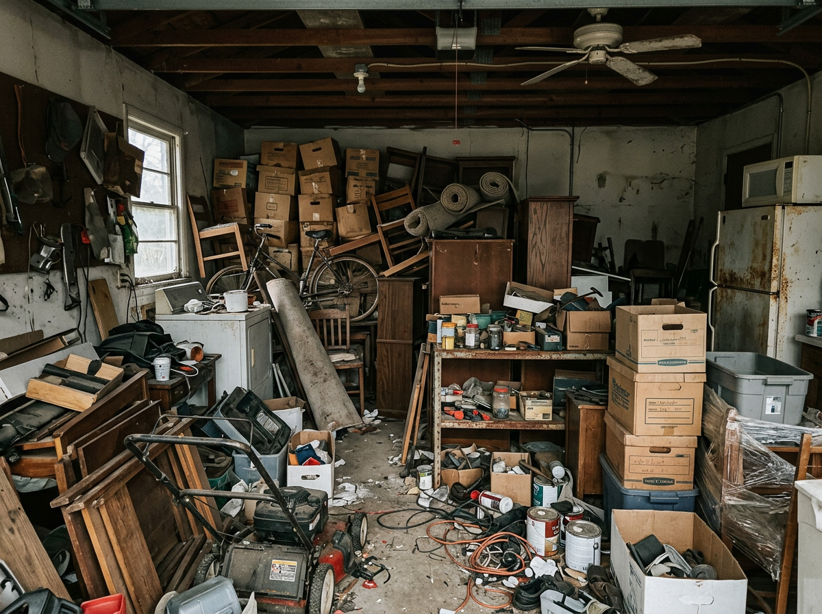 Cluttered garage before Ford's junk removal